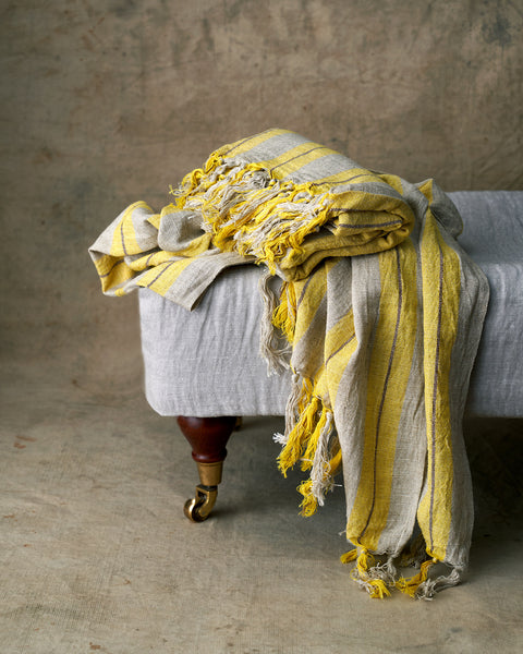 Unbleached Linen w Yellow Stripes Handmade Towel