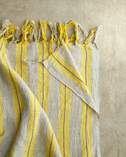 Unbleached Linen w Yellow Stripes Handmade Towel